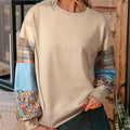 Women's apricot and red plaid stitch long sleeve loose fit casual pullover top