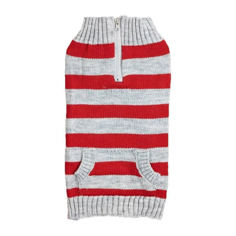Grey dog sweater with horizontal zipper, button pocket, and contrast colour details for small to medium-sized dogs