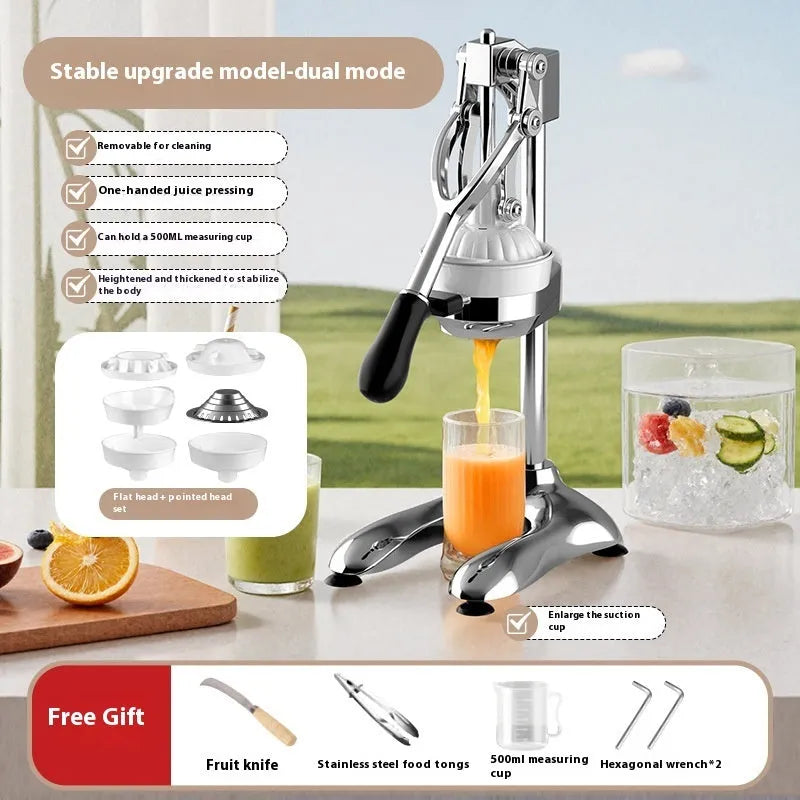 Manual stainless steel citrus juicer with 480mm long pressing arm on a countertop.