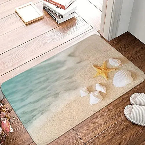 Personalised flannel floor mat showing coastal starfish and brown cow print options in square shape.