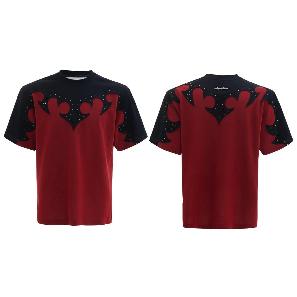 Men's heavy cotton T-shirt with 3D burnt flower rhinestone embroidery on red fabric