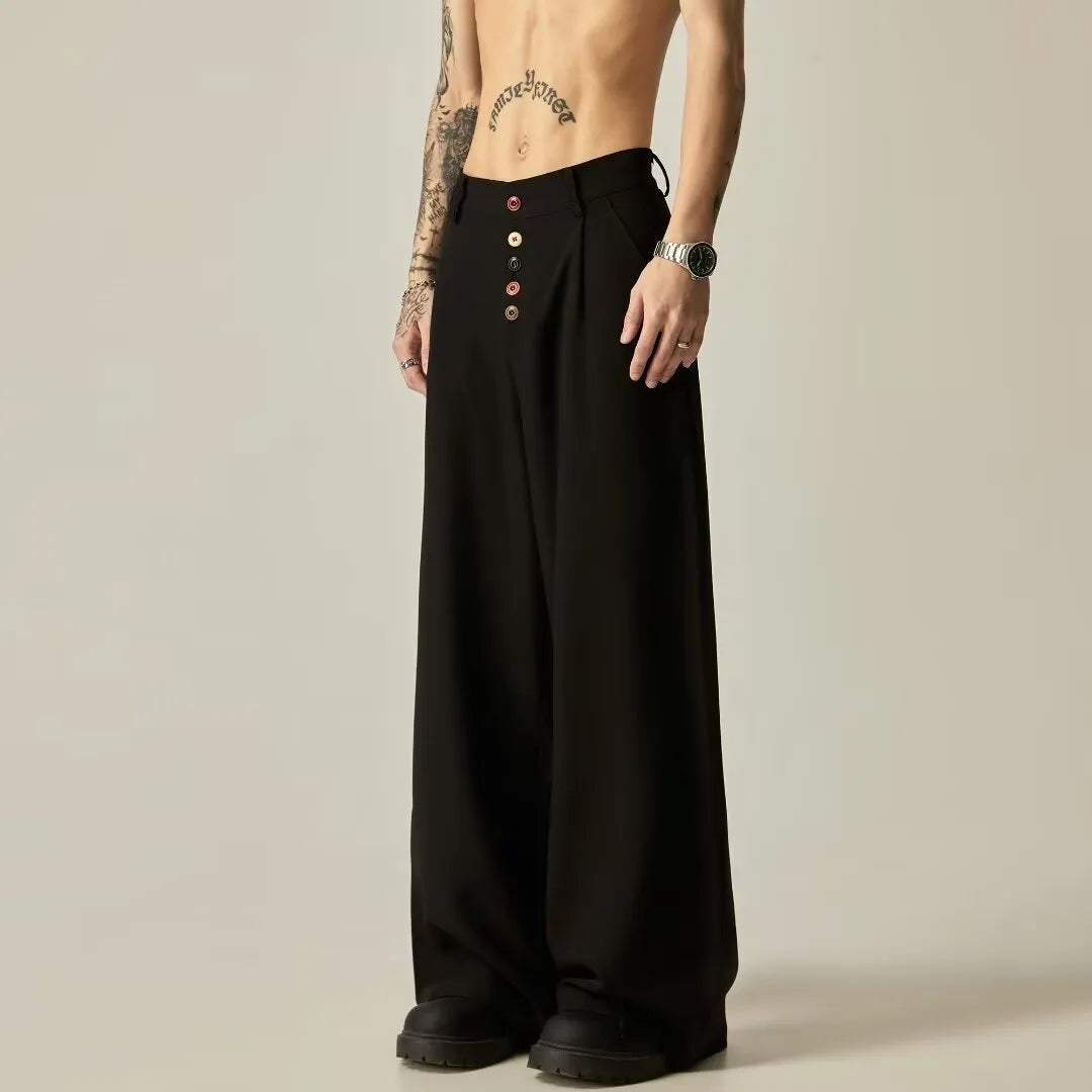 Men's vertical tube wide-leg trousers in solid colour with mid-waist design