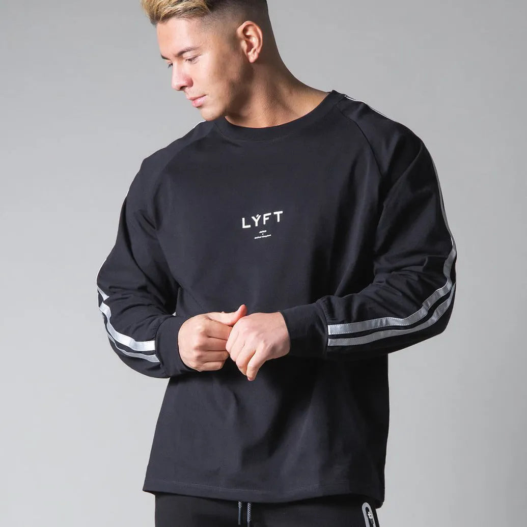Mens stretch long sleeve cotton sports bottoming shirt in black round neck design