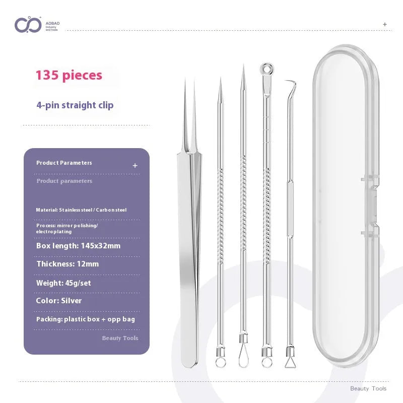 Four-piece silver metal acne needle set with fine-pointed needles and a clip for skin blemish removal.