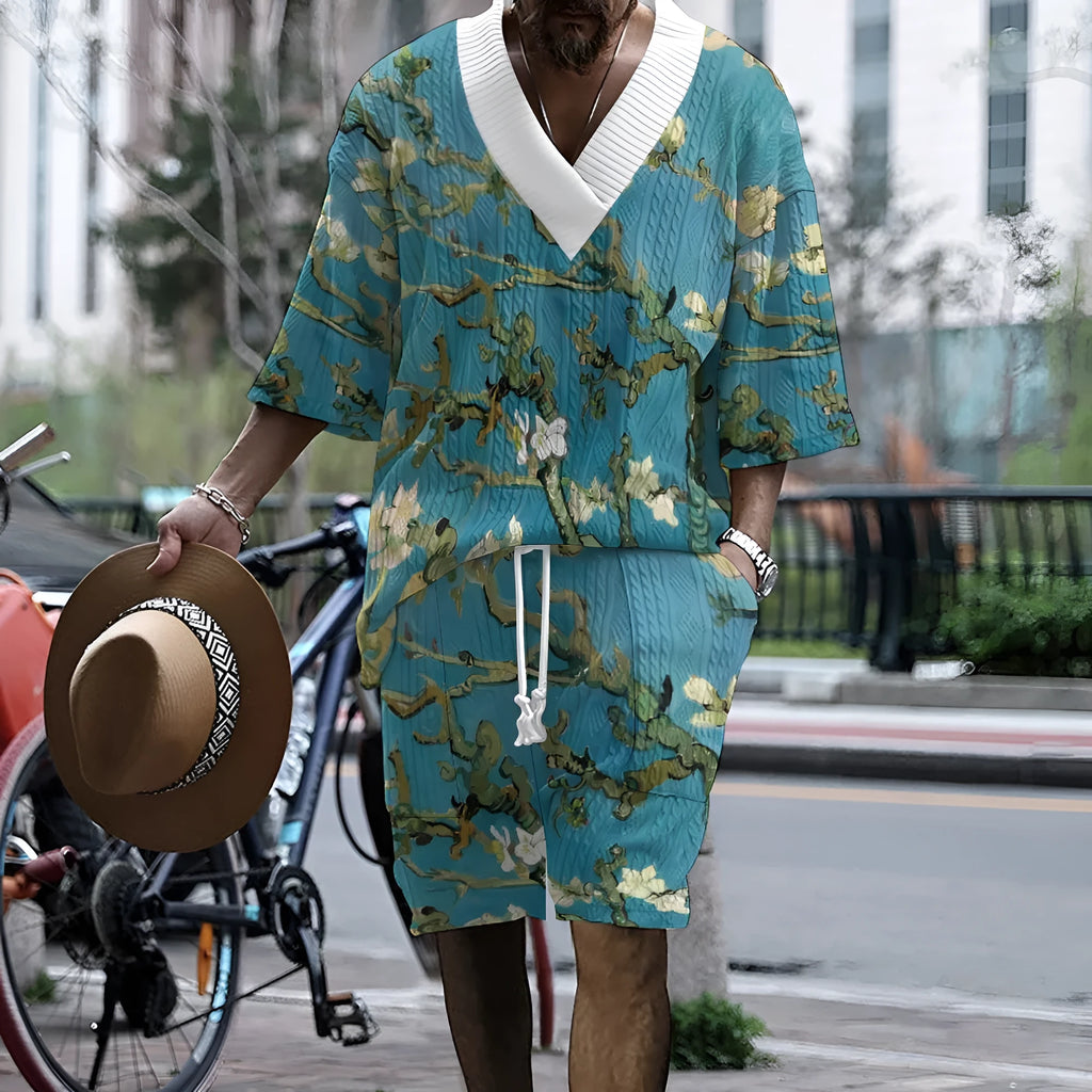 Men's peacock blue 3D printed casual suit with knitted shorts and matching T-shirt