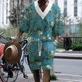 Men's peacock blue 3D printed casual suit with knitted shorts and matching T-shirt