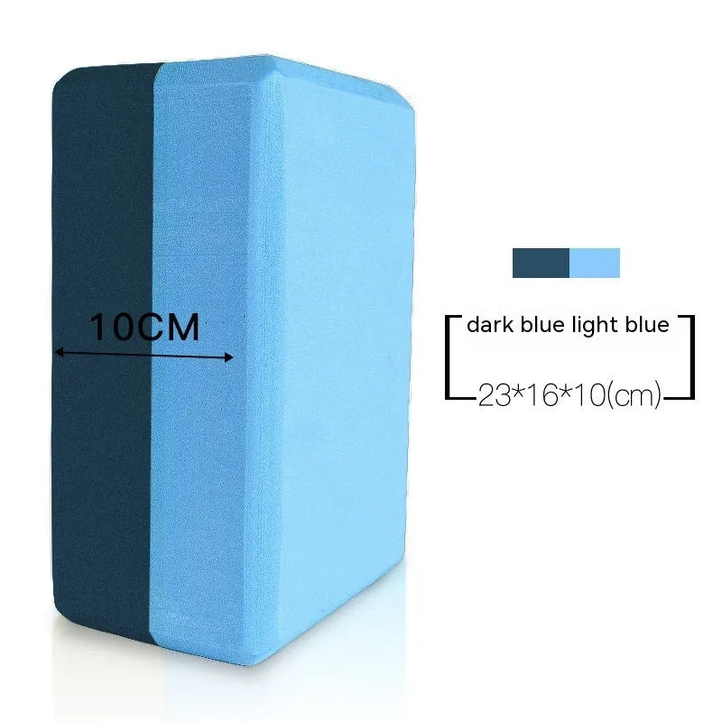 High-density EVA foam yoga block in various colours and prints on a workout mat.
