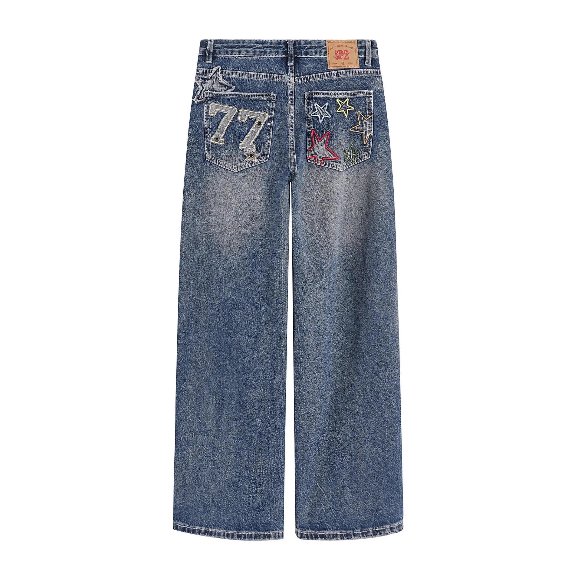 Blue designer embroidered high-waisted retro loose slimming trousers for teenagers