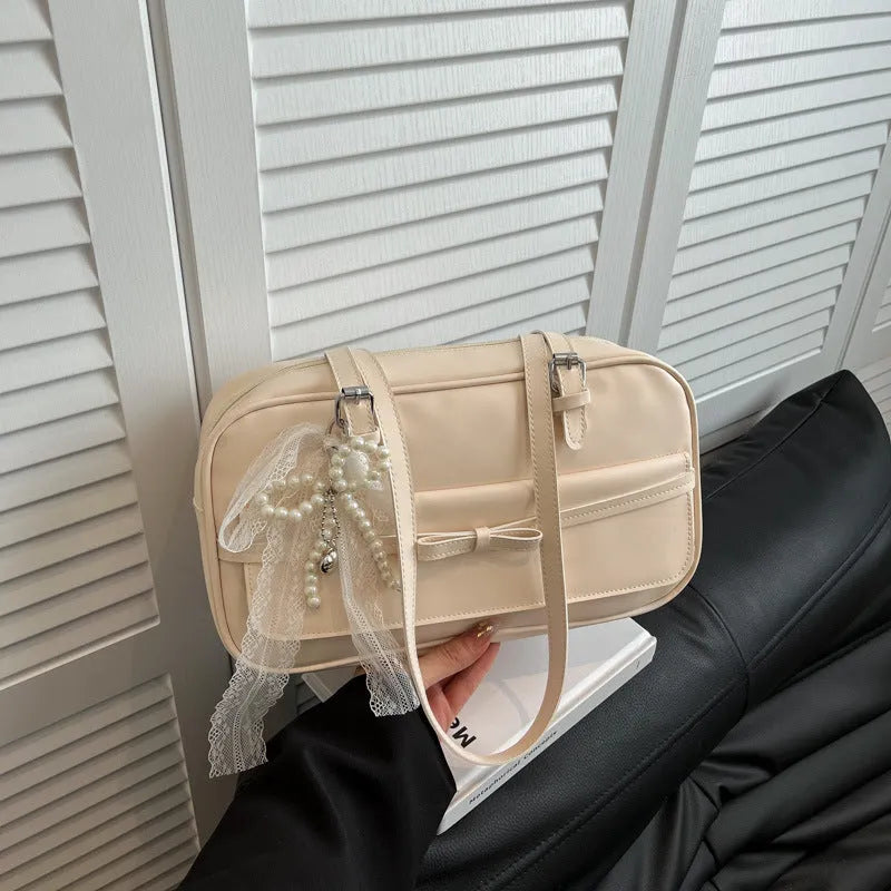 Single-shoulder flap bag with silk scarf pearl bow ornaments in horizontal square shape