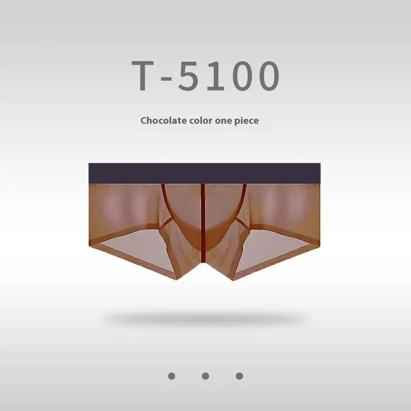 Men's low waist seamless underwear in sheer ice silk nylon fabric, shown in multiple colours.