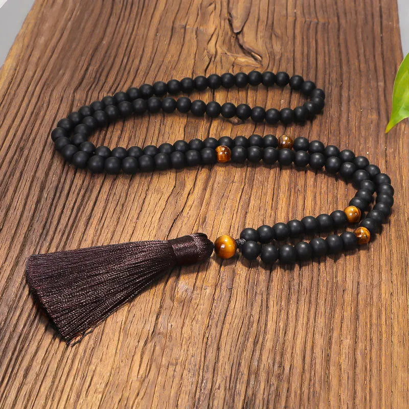 Beaded tigereye stone bracelet and necklace set with 108 beads and tassel pendant