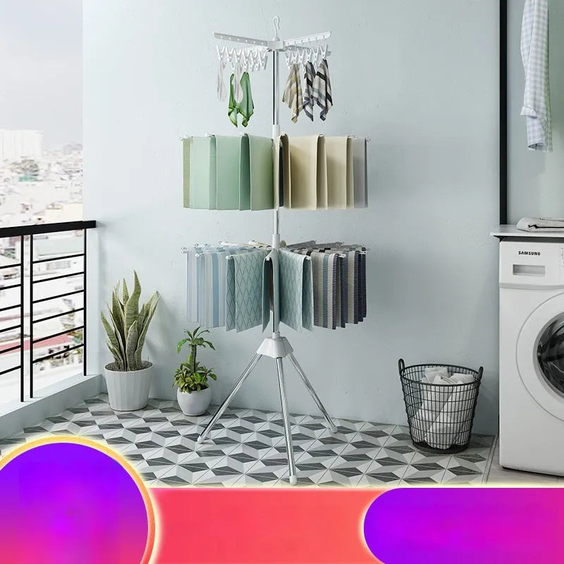 Mobile three-layer stainless steel drying rack with plastic clips for socks and ties