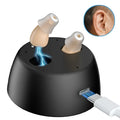 Rechargeable noise-canceling CIC hearing aids for seniors with severe hearing loss, with USB charging dock and dome sizes