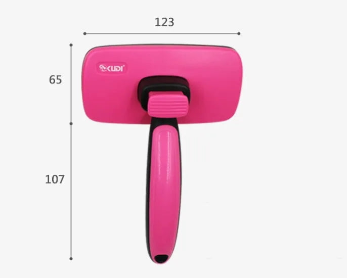 Automatic dehairing comb with stainless steel teeth and rose red handle, for dog and cat grooming, on a white background