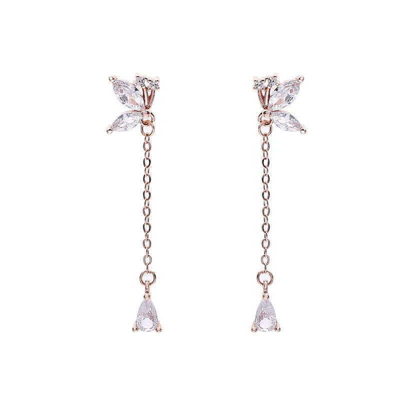 S925 silver butterfly zircon tassel earrings for women, long dangle design, silver colour