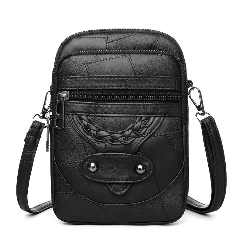 Soft PU leather mobile phone bag in brown with square vertical shape, weaving, rivets, and sandwich pocket