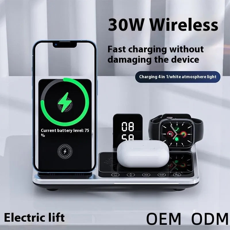 Multifunctional wireless fast charging clock with folding bracket, black plastic version, charging a phone upright
