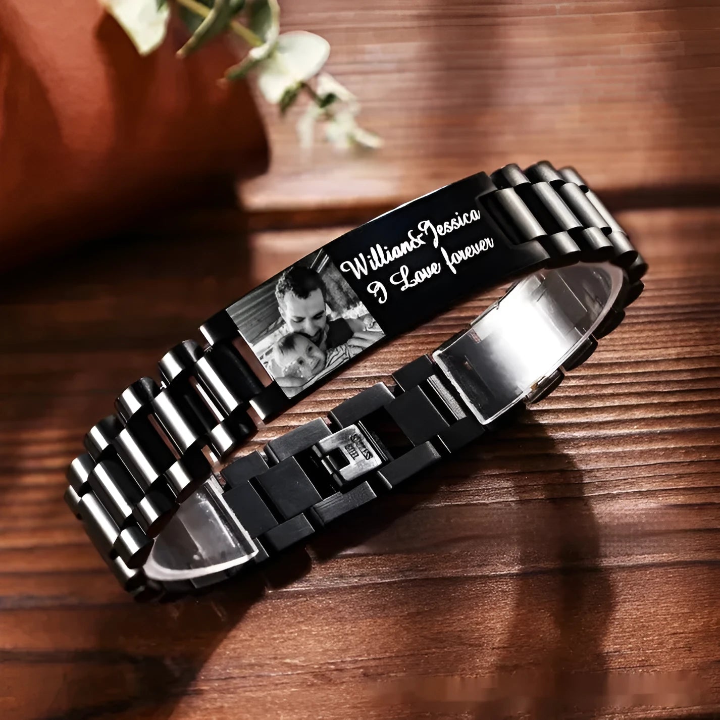Titanium steel bracelet with curved heart shape design and black lettering