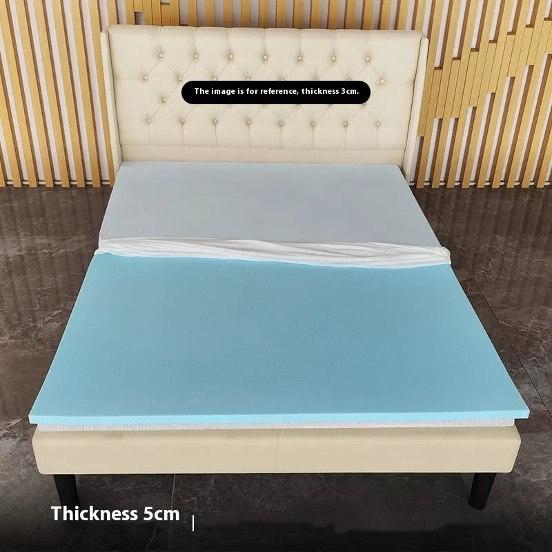 Thin gel memory cotton tatami mattress showing slow rebound and available in multiple sizes and thicknesses.
