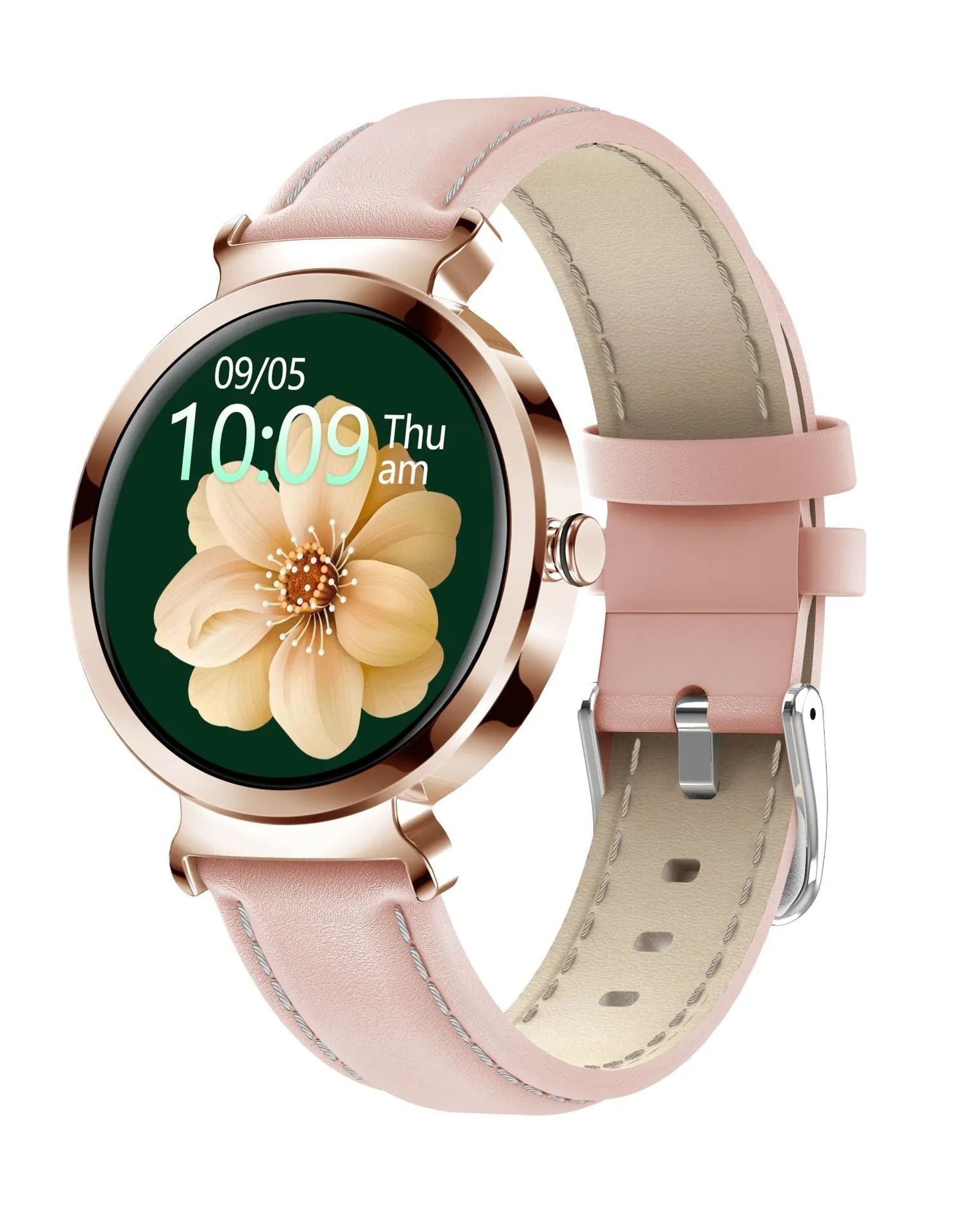 Women's zinc alloy smart bracelet with 1.28-inch screen showing Android iOS compatibility and multiple colour options