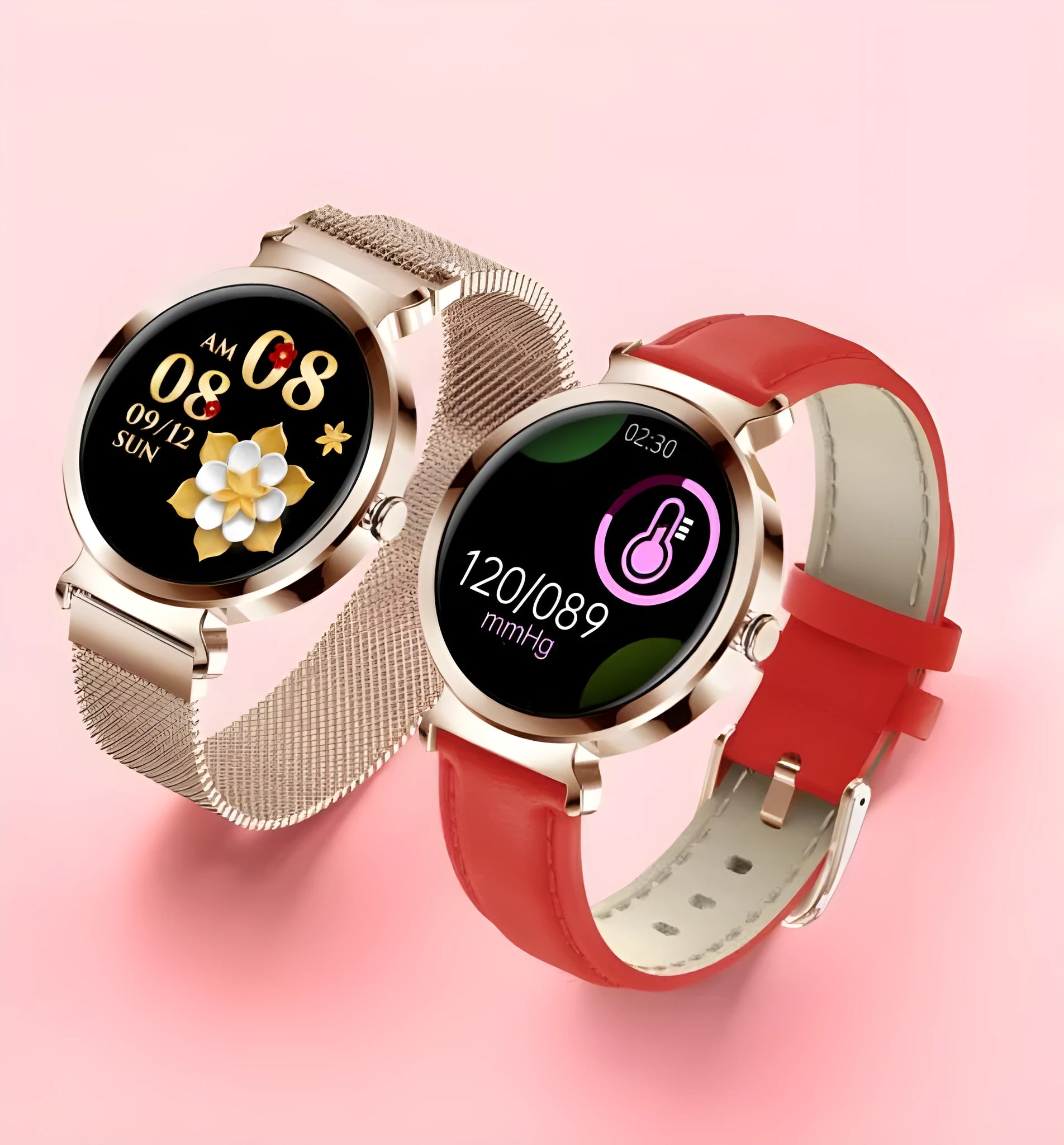 Women's zinc alloy smart bracelet with 1.28-inch screen showing Android iOS compatibility and multiple colour options
