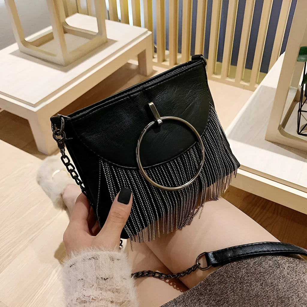 Women's rivet tassel chain crossbody bag PU cotton lining 18x6x13 cm Style 1 and Style 2
