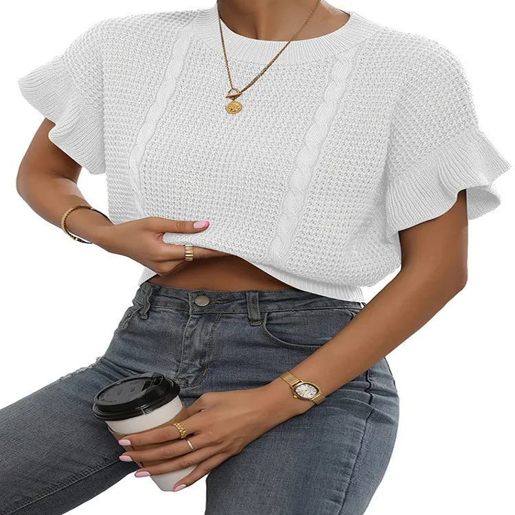 White knitted pullover sweater with twisted string ruffled short sleeves and round neck design