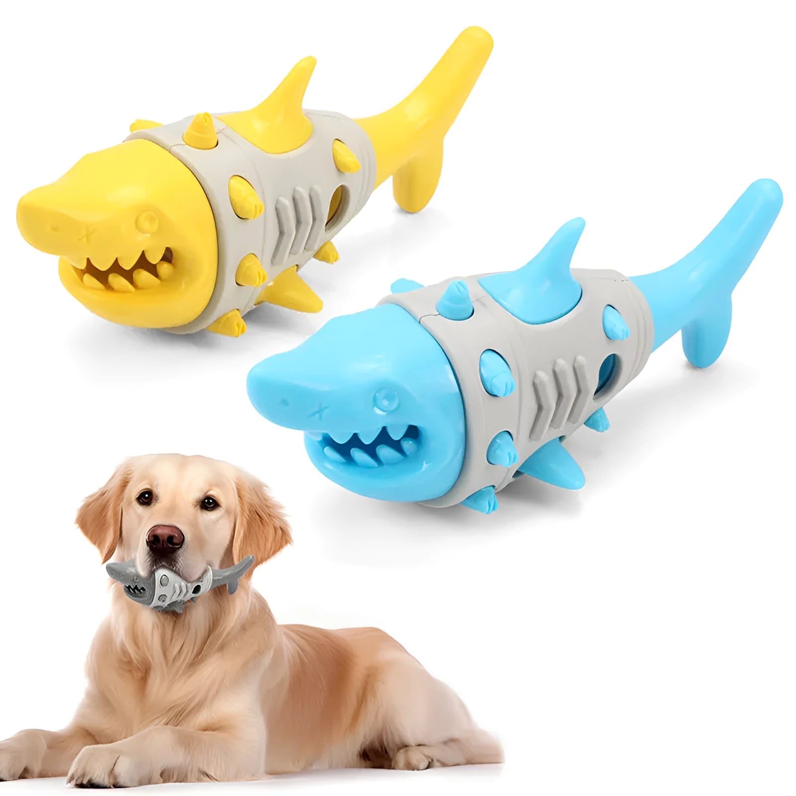 Blue grey and yellow shark tooth textured dog chew toy with visible air vents.