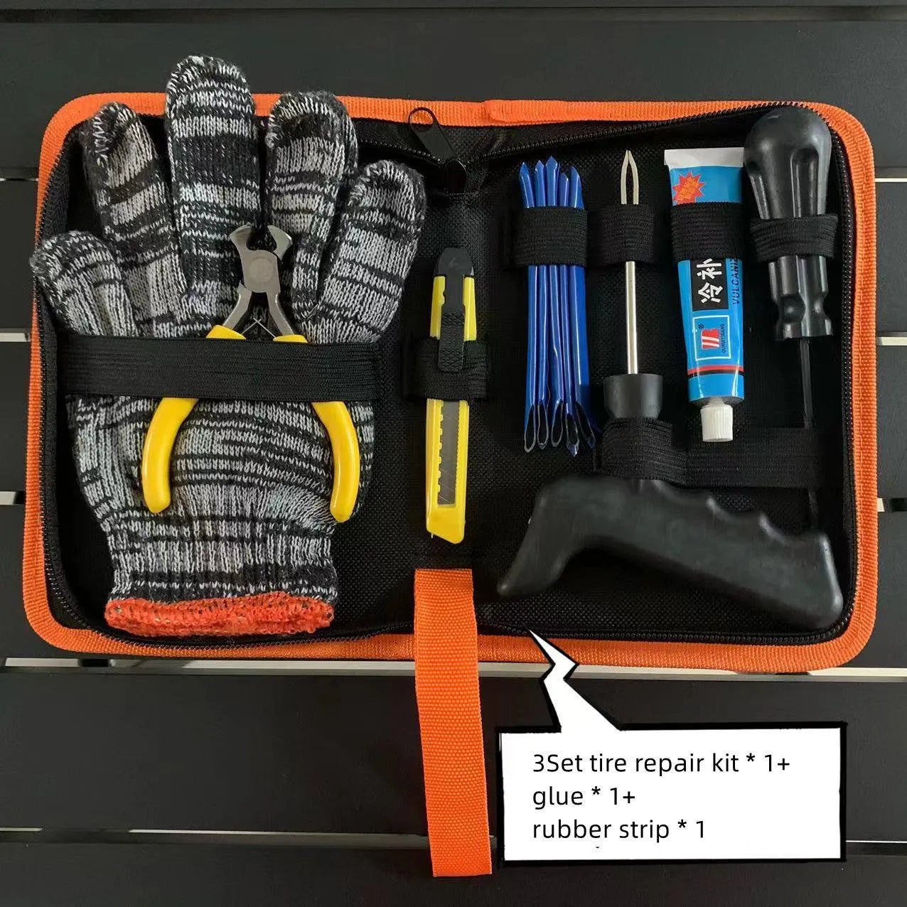 Motorcycle travel tire repair kit including rubber strips, glue, spiral cone, and air hose for vacuum tyre puncture repair up to 6mm