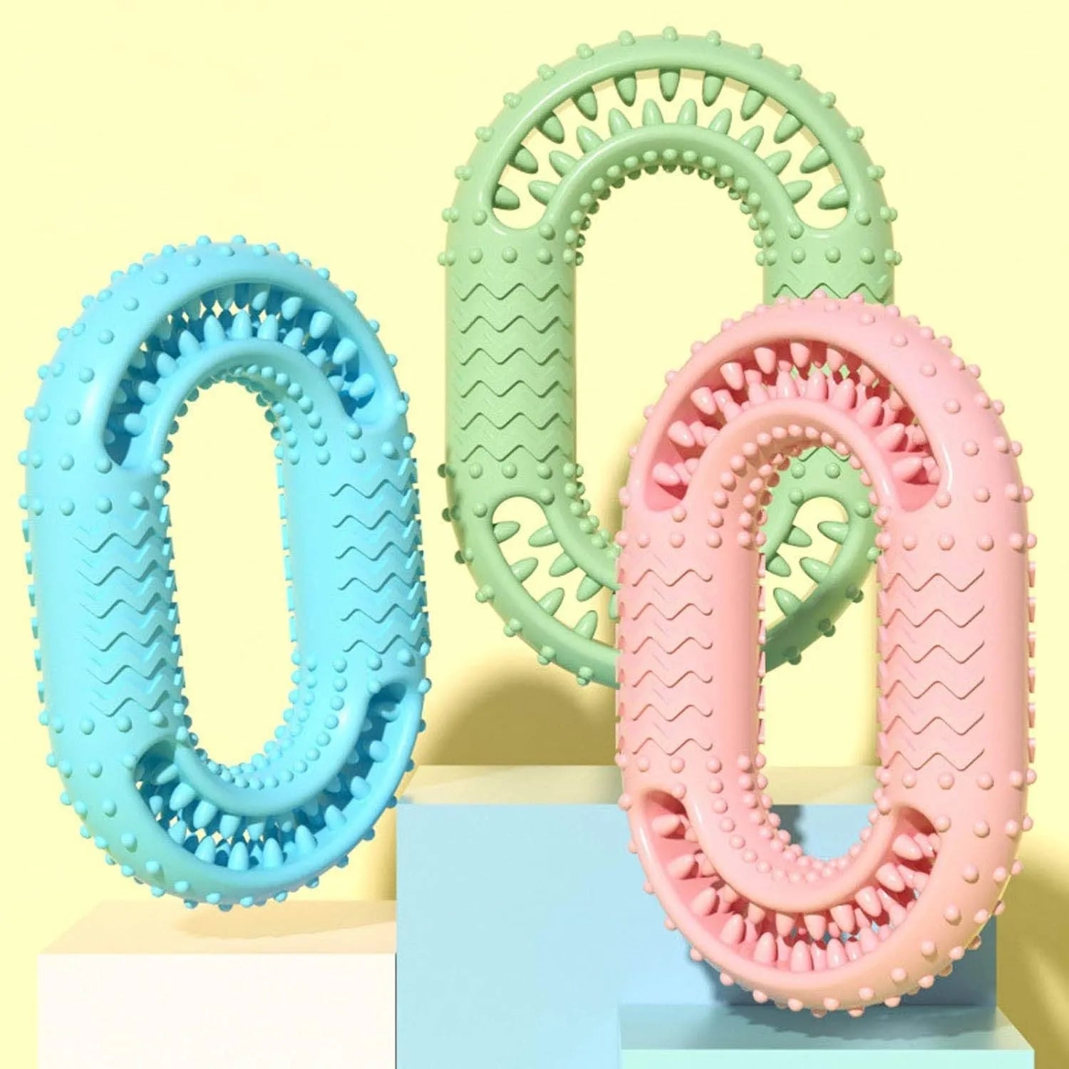 Blue O-ring shaped rubber dog chewing toy for aggressive chewers dental benefits