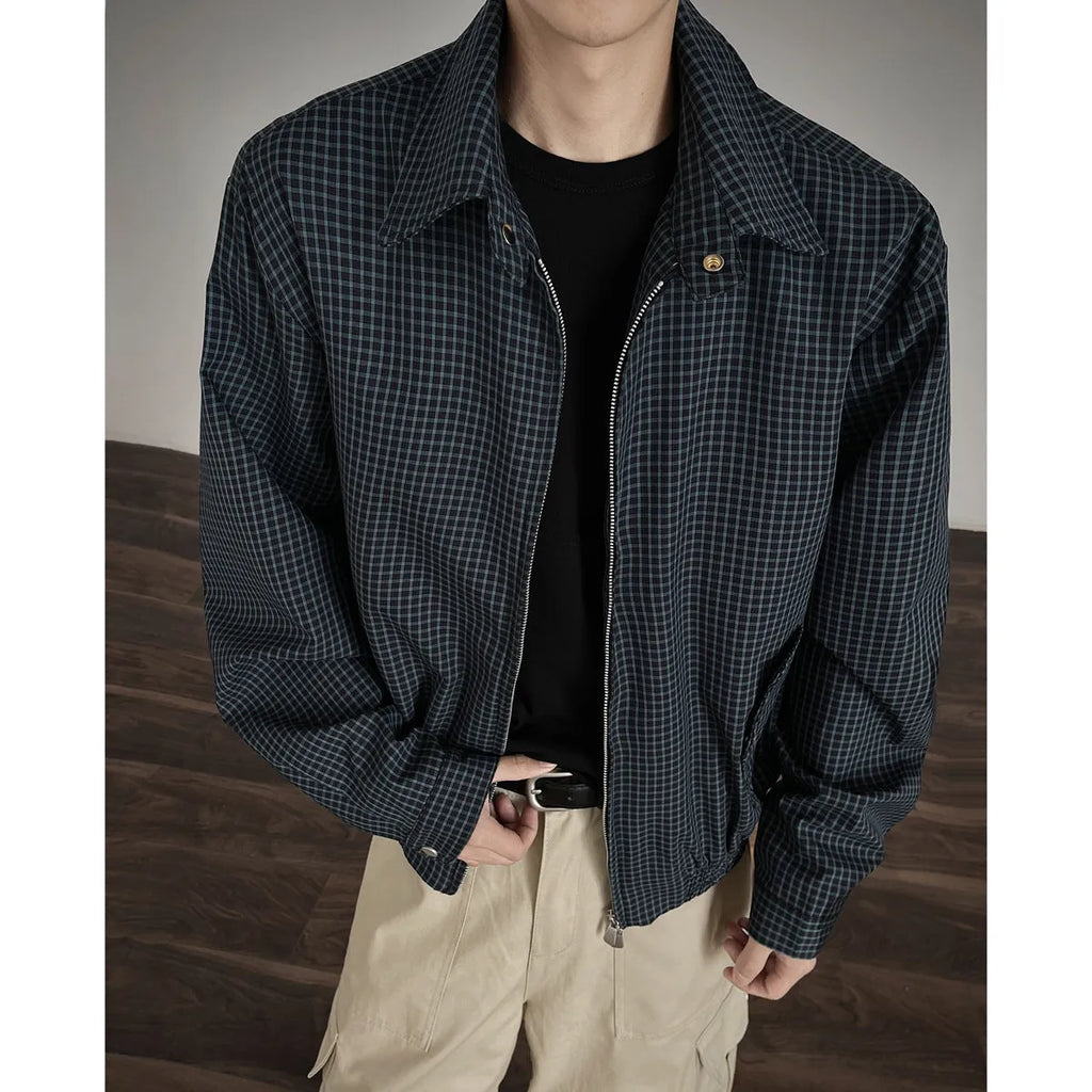 Korean style retro plaid short jacket with double zipper in grey and blue plaid, cotton blend