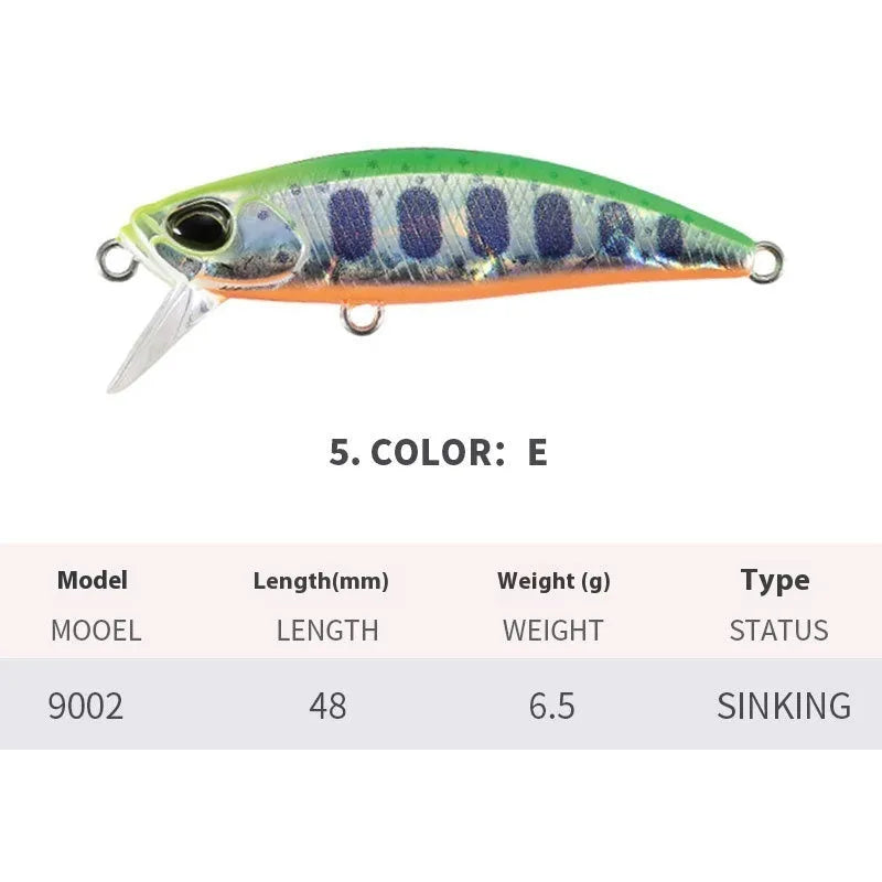 48mm submerged mino fishing lure for mandarin fish and snakehead in various colours