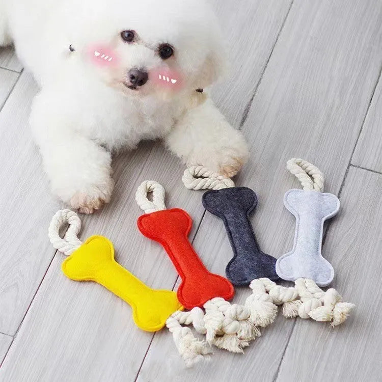 Bone shaped dog toy with rope knot design in choice of four colours for bite resistant training