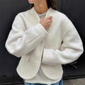 Women's coarse woolen thick polyester coat in solid white with raglan sleeves and stitching details