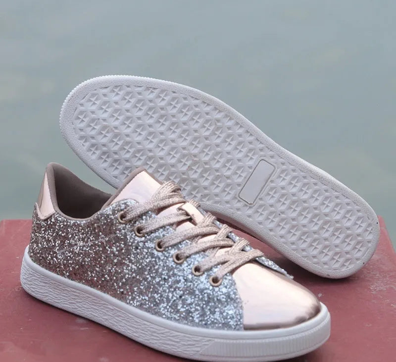 Women's colourful sequins casual low-top shoes with PU upper, leather lining, round toe, front lace-up, black gold pink options, sizes 36-41
