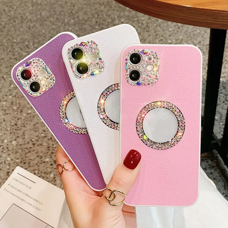 Luxury rhinestone TPU back cover phone case in purple, pink, and white for iPhone