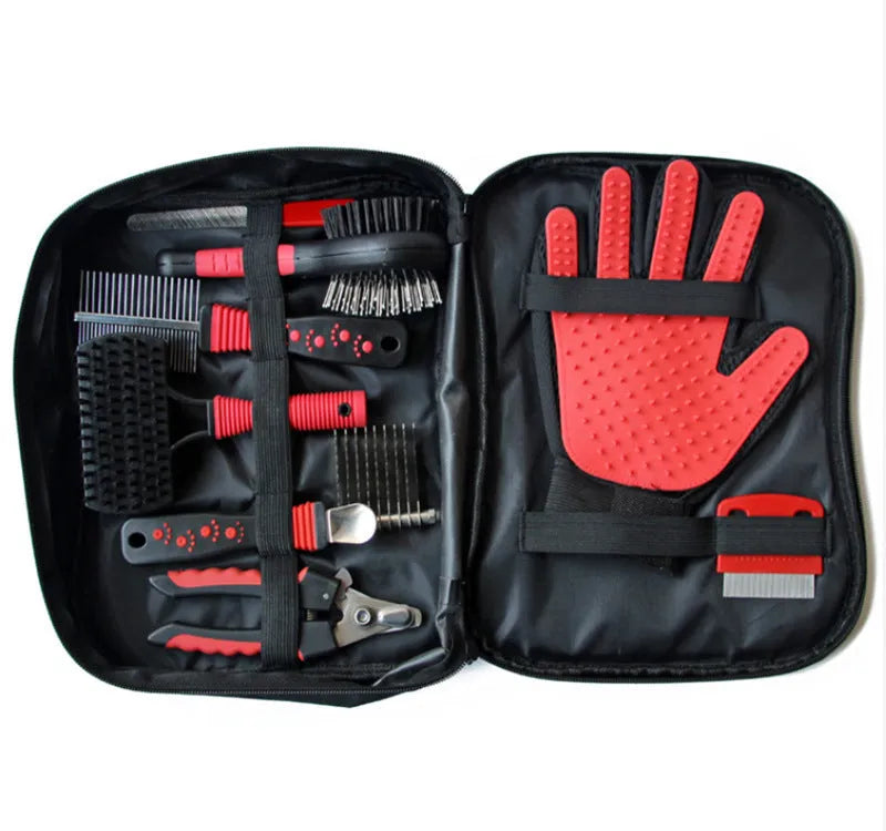 Red pet cleaning set with 9 tools in an Oxford cloth bag, compact 28 by 22 by 7 cm