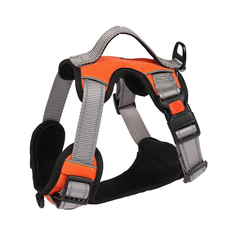 Polyester dog vest harness with chest strap and hand holding rope attachment in various colours