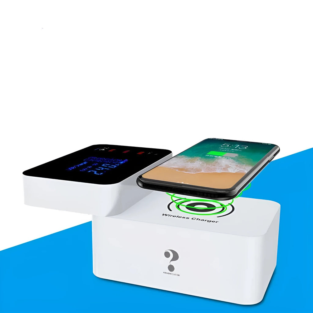 White multi USB port fast charger with wireless charging pad and EU UK US plug adapters