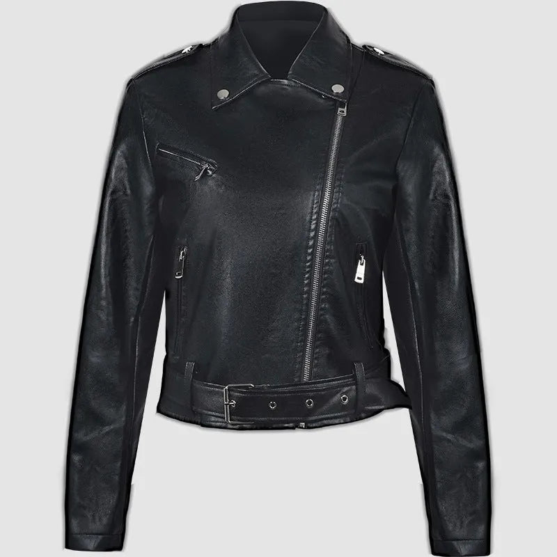 Red women's PU leather motorcycle jacket featuring a short belt on the lapel.