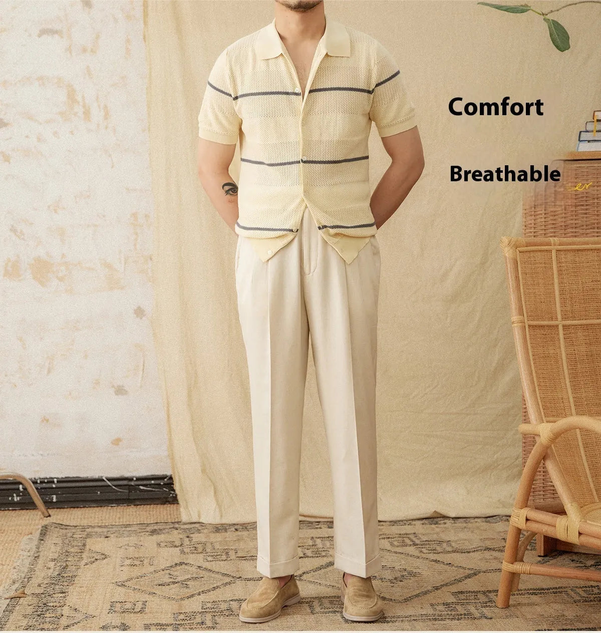 Camel coloured short sleeve knitted cardigan with lapel collar laid flat