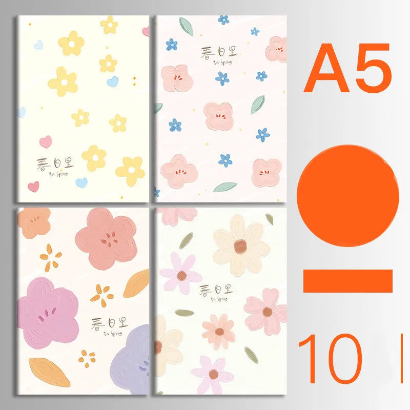Bundle of ten soft-cover kraft paper notebooks with thread binding in various animal and nature designs.