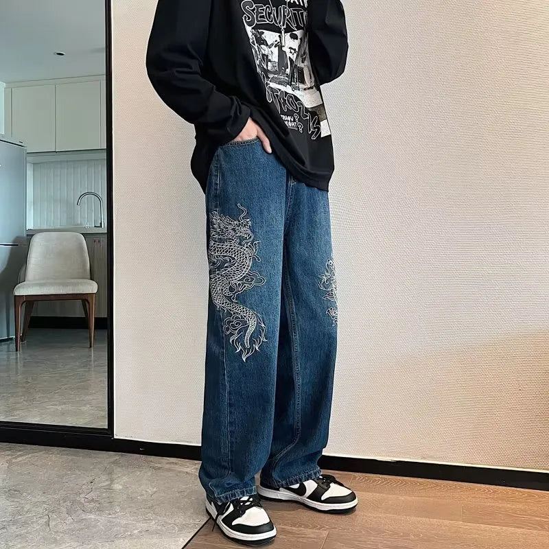 Men's loose embroidered jeans in Golden Dragon colour with cowboy fabric and three-dimensional tailoring, available in sizes S to 3XL.