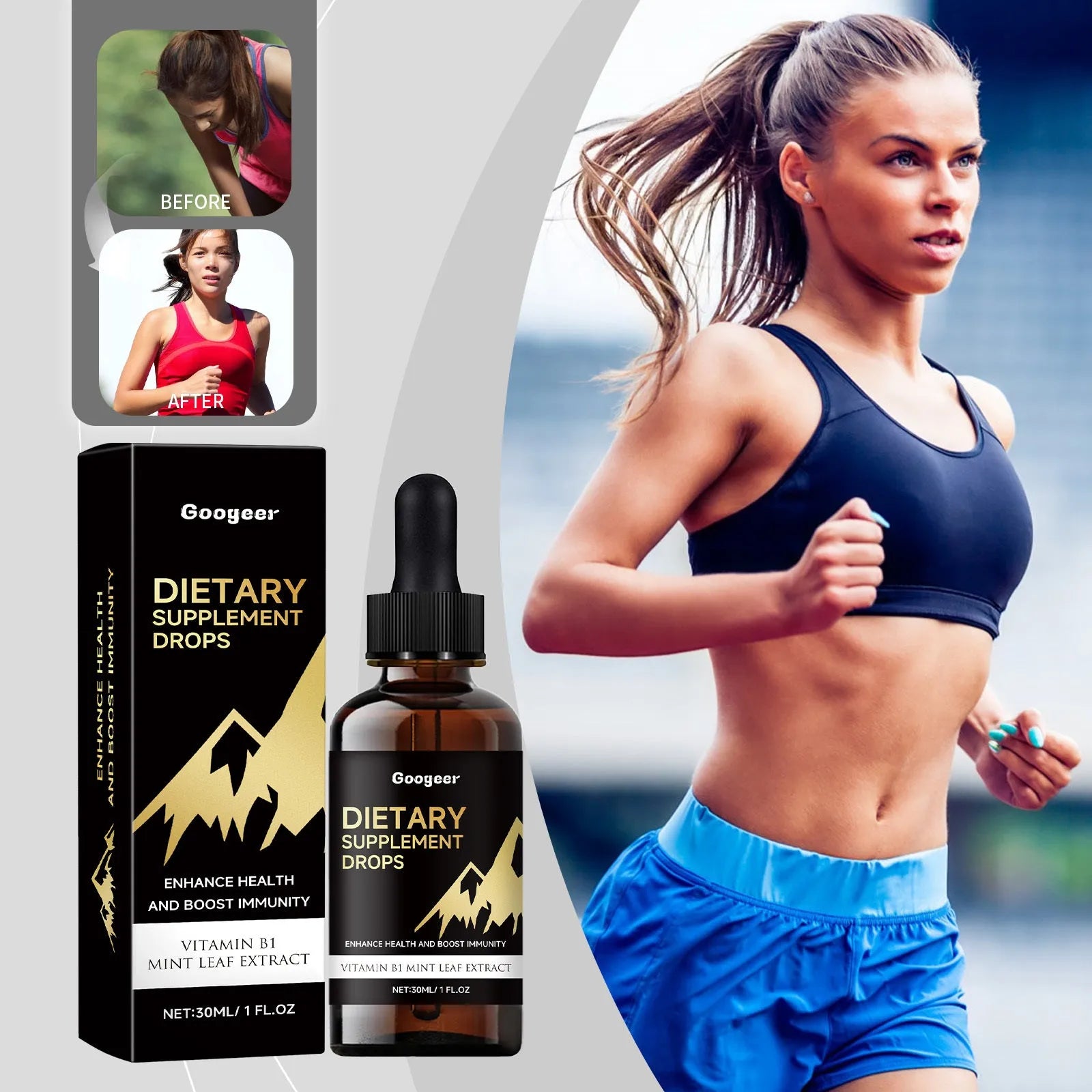 Bottle of liquid dietary supplement drops with a pipette dropper for dosage