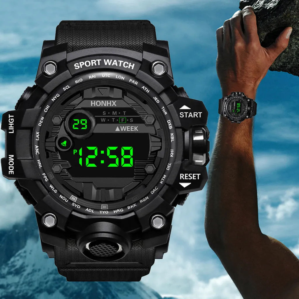 Men's student multi-function electronic watch 55mm round resin case PU strap luminous display sports style