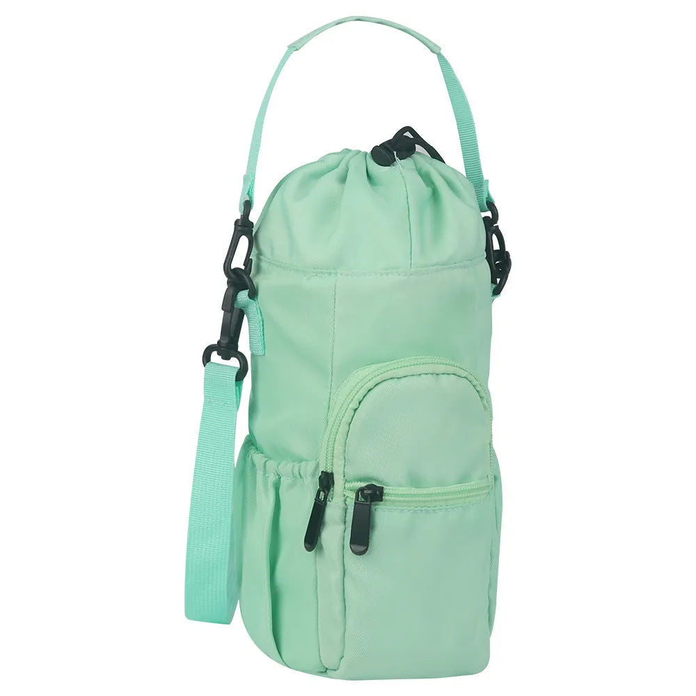 Black cloth crossbody water bottle pouch shown holding a bottle.