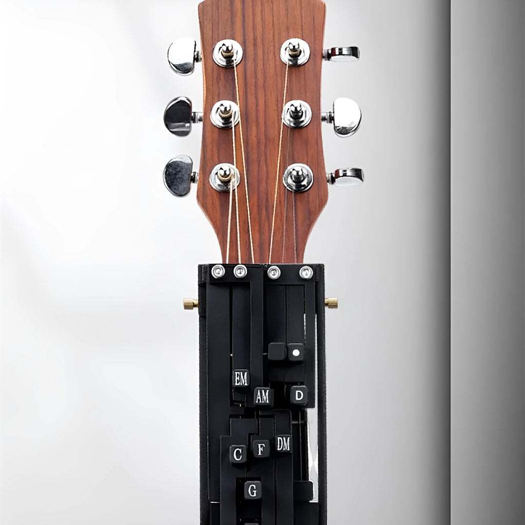 Black folk guitar chord practice device with automatic gear mechanism for beginner transitions