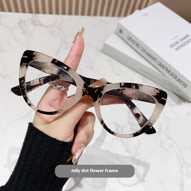 Women's large cat's eye presbyopia glasses with dragon and phoenix decorations in leopard print frame