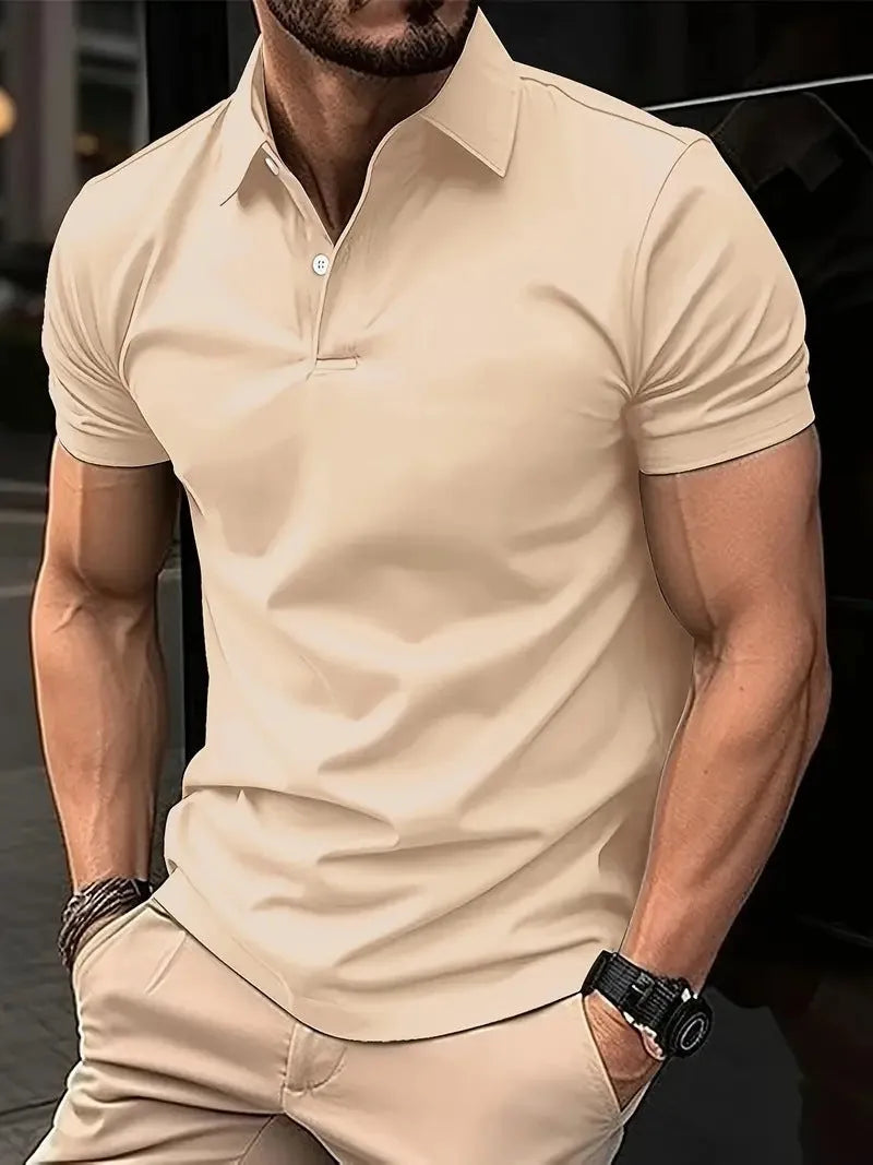 Men's slim fit button-front short sleeve casual shirt in a solid colour on a hanger.