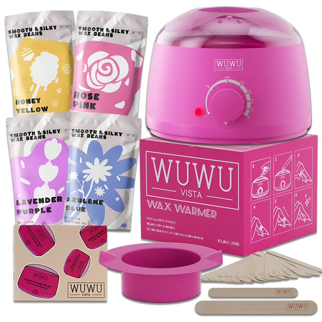 27-piece hair removal wax kit with four coloured wax beads, wax machine, applicator sticks and guidebook for home waxing